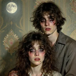 two handsome but creepy young people in layers of fear, with haunted eyes and tangled hair, 1 9 7 0 s, seventies, wallpaper, a little blood, moonlight showing injuries, delicate embellishments, painterly, offset printing technique, by coby whitmore, jules bastien - lepage