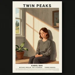 poster artwork by Michael Whelan and Tomer Hanuka, Karol Bak of Naomi Watts the perfect stepford wife, secretly sad, from scene from Twin Peaks, clean, simple illustration, nostalgic, domestic, full of details