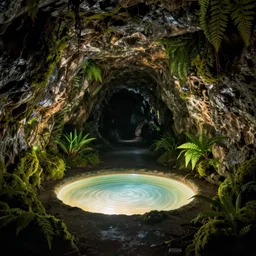 underground room, round glowing pool in the centre, earth walls with mosses and ferns, damp, dark, gothic by rutkowski and brian froud