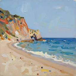 impasto quick minimalist painterly sketch, in rich glossy oil paint of a beautiful italian beach scene, claire tabouret