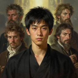portrait of harmony of a black - haired cabin boy, japanese men's hairstyle, j. c. leyendecker, alan lee, clap! illustrations by starember, fantasy art by craig mullins, volumetric light effect made by ivan aivazovsky, peter morbacher, greg rutkowski, matte painting, trending on artstation, 4 k, perfectly outlined features, digital painting, cinematic, epic, highly detailed