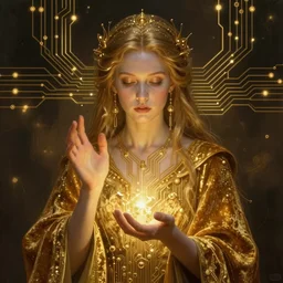 the ethereal queen of technology bestows the gift of circuits to humanity. matte painting. fantastic. velvet and gold.