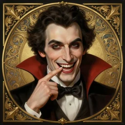portrait of very happy franz schubert but he's a vampire and he's showing his vampire fangs, vampire franz schubert d & d, fantasy, intricate, elegant, highly detailed, digital painting, artstation, concept art, smooth, sharp focus, illustration, art by artgerm and greg rutkowski and alphonse mucha
