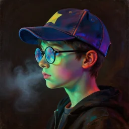 a baroque neoclassicist close - up side profile portrait of a colorful retrofuturistic blacklight uv silhouette of an alien cyborg boy with a baseball hat and glasses, glowing fog in the background. renaissance portrait painting. highly detailed science fiction painting by norman rockwell, frank frazetta, and syd mead. rich colors, high contrast, gloomy atmosphere, dark background. trending on artstation