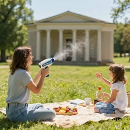 bubble machine blowing out turds onto the conservative cabinet having a picnic on a sunny hill