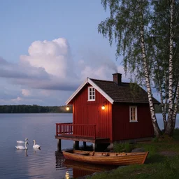 small red wooden cottage by the lake, lanterns on the porch, smoke coming out of the chimney, dusk, birch trees, tranquility, two swans swimming on the lake, a wooden rowing boat, cumulus clouds, by charlie bowater, by greg rutkowski