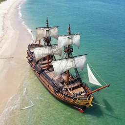 drone shot of a beached pirate ship, beach