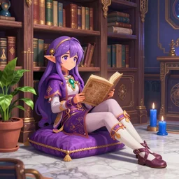 a detailed fantasy pastel portrait of a wizard student in ornate clothing lounging on a purpur pillow on the marble floor in front of her bookcase in a atmospheric room, studying an ancient tome. to the side is a potted plant and some blue candles. ancient oriental retrofuturistic setting. 4 k key art, raytracing in the style yoshitaka amano and rembrandt.