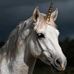 a unicorn’s head, close up, realistic photograph
