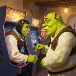 shrek and vladimir putin playing arcade in morocco, highly detailed, digital painting, artstation, concept art, smooth, sharp focus, illustration, art by artgerm and greg rutkowski and alphonse mucha