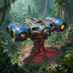 legendary space ship, jungle planet, tropical, green forest, alien technology, cinematic, highly detailed, large blue engines, scifi, yellow windows and details, hyper realism, intricate digital painting, skyscrapers, mechanics, red glow, gigantic landing pad, scifi base, artstation, by johnson ting, jama jurabaev