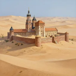 Greg Rutkowski painting of Cracow Wawel castle buried in the sands of a vast desert, most of the castle is covered in sand, beautiful lighting, detailed, realistic