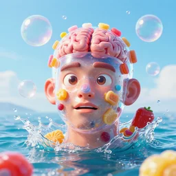 a funny sculpture of a squashed human head with a a transparent head wrapped in funny stuff and sweets on ocean water, funny face, brain, giant bubbles, juicy jelly, realistic water splashes, water art, vibrant, in the style of mike campau, cg render, ray tracing, 8 k resolution, sharp