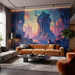 a modern living room painted by pascal campion, octane render, unreal engine 6, epic game graphics, fantasy, cyberpunk, conceptual art, ray tracing
