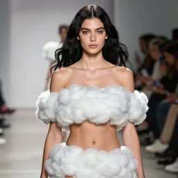 olivia wearing an outfit made from clouds, at new york fashion week, lush black hair, average physique, freckled pale skin, kodak photo by annie leibowitz, stage lighting, female beauty, intricate detail, risque fashion, elegance, 3 5 mm, depth of field, masterpiece