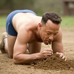 Tom Hanks eating a pile of dirt on all fours in his boxers