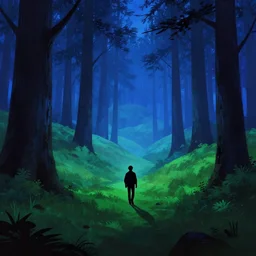 silhouette of an explorer in a hilly green blue fantasy redwood forest at dusk. perspective landscape fantasy. high contrast, strong shadows. deep colorful soft gradients, rich blue tones. by norman rockwell, johfra bosschart, and eyvind earle. artstation
