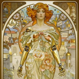brass semi - mechanical woman, portrait, floral art novuea dress, art by alphonse mucha, in steampunk cityscape designed by victor horta, golden hour, robotic prosthetic limbs, symmetrical