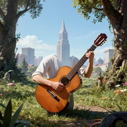 clear day,, magical area, classic guitar, blade runner, by greg rutkowski