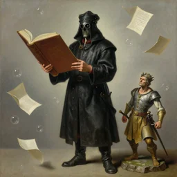plague doctor holding a giant book, as a matte oil painting and d & d character art, by giovanni bellini, standing, fullbody, floating bubbles, loose pages, concept art, award - winning, extremely detailed, sharp focus