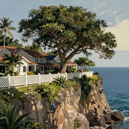 a tropical seaside town on a cliff with large trees and white lattice fences, beautiful matte painting