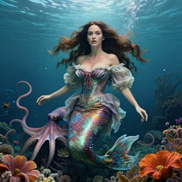 hyperrealistic photograph of a mermaid played by megan fox, underwater, a stunning beautiful georgia-era dress, long hair, abundant detail, octopusses and flower hyperrealistic character photography art by Marsha Raymers, Annie Liebowitz, art by artgerm and greg rutkowski and alphonse mucha, rembrandtArtStation, concept art, octane render, trending on artstation, artstationHD, artstationHQ, unreal engine, 4k, 8k,
