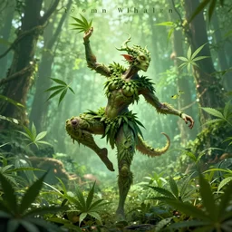 a movie poster for the film (green Cannabis dancing with leaves ) by Tom Whalen, highly detailed, award winning creature portrait, fantasy, artstation