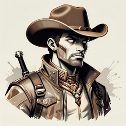 biopunk cowboy from fallout new vegas, portrait illustration, pop art, splash painting, art by andy warhol, rodney ripps, alphonse mucha, federico fellini, 9 x 1 6
