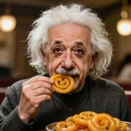 A photo of Albert Einstein eating jalebi, highly detailed, trending on artstation, bokeh, 90mm, f/1.4