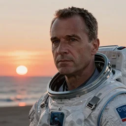 cinematic close up shot of saul goodman wearing the spacesuit in scene from the movie interstellar , dramatic sunset  over sea , high quality film still