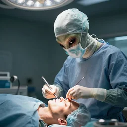 An alien performing surgery on a human, photorealistic.