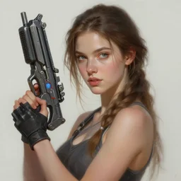 upper body portrait of a beautiful maiden holding a futuristic weapon, award winning, masterpiece digital painting by greg rutkowski, alex grey, artstation, 4 k wallpaper,