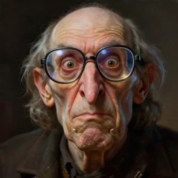 epic portrait an crazy scienfist with long nose, wrinkles, sharp jaw, scary looking face, and big google glasses, broad light, ambient occlusion, volumetric light effect, made by ivan aivazovsky, peter mohrbacher, greg rutkowski, matte painting, trending on artstation, 4 k, perfectly defined features, digital painting,