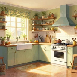 a beatiful kitchen, extremely detailed, sharp focus, wide view, full body shot, smooth, digital illustration, colorfull by, james jean, by rossdraws, frank franzzeta, sakimichan, mcbess, aphonse mucha