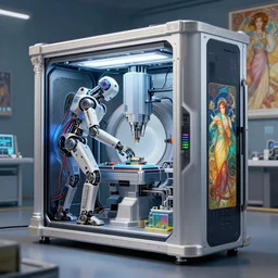 futuristic robotic neoclassical computer case cybernetic symbiosis thick bifurcated robotic cnc surgical hybrid mri 3 d printer machine making a biolab, sci - fi, highly detailed, vibrant colors, movie still, artstation, concept art, unreal render, nasa, sharp focus, illustration, art by greg rutkowski and artgerm and alphonse mucha,
