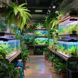 clean neat clarity professional visual development set design, messy cozy store with hanging cages and bright aquariums, ferns and foliage, dim painterly lighting volumetric aquatics, impasto, trending on pixiv