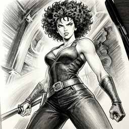 scarlett johansson as stinkmeaner from the boondocks manga, afro samurai style, pencil and ink, greg rutkowski dynamic wide angle lens, dramatic lighting,