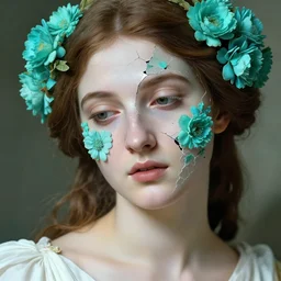 hyperrealism close - up mythological portrait of an exquisite medieval woman's shattered face partially made of turquoise flowers in style of classicism, wearing white dress, bright palette