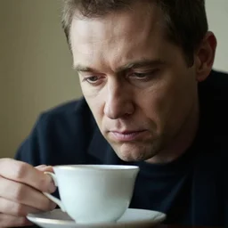 a face portrait of a sad man looking into a teacup by tommy ingberg