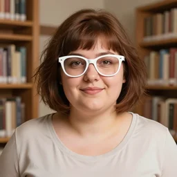 portrait of a curvy stocky romanian woman, brown hair, messy bob, straight hair, brown eyes, round nose, low eyes, romanian, laugh lines, round face, round jaw, round nose, white glasses, glasses, big forehead, white reading glasses, librarian, wide shot, digital art, loish, 8 k, trending on artstation