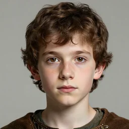 a detailed portrait of a medieval ten year old boy, he has short curly brown hair, brown eyes and white skin, fantasy art illustration, incredibly highly detailed and realistic, 8 k, sharp focus