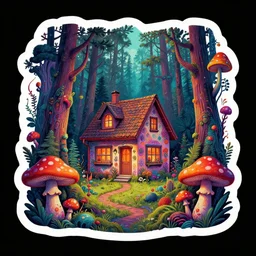 sticker of a home in the forest, highly detailed, trippy colors, exaggerated details, psychedelic mushrooms, by lise deharme