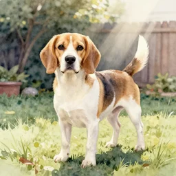 water color painting of a white and caramel beagle dog in a backyard, harsh lighting, detailed, trending on artstation, dull pastel colors, bright, god rays, dreamy, trending on artstation