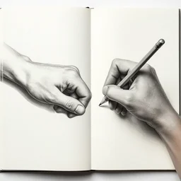 M.C. Escher two hands drawing each other with a pencil, with the illusion of being real arms on the edge of the pages