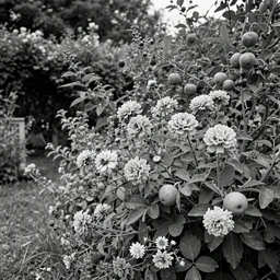 old lost footage in black and white of a beautiful garden with flower and fruits,hyper realistic 8K HD real life photo