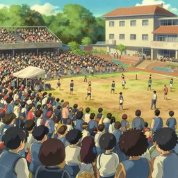 sports festival, very crowded, sports tournament, school, studio ghibli