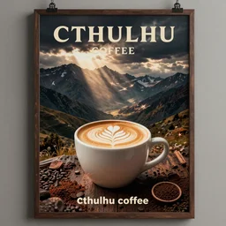 Poster or sign for Cthulhu coffee, dark blend, course grind, cappuccino, latte