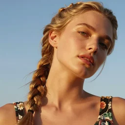 photograph of a vintage photo of an olive skinned blonde female model in her twenties, braided hair, wearing a designer top, looking content, focused on her neck, photo realistic, extreme detail skin, natural beauty, no filter, slr, golden hour, 4 k, high definition, selfie