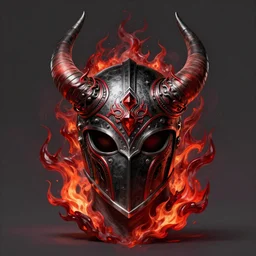 An ornate front facing helm with large horns, Black steel with red trim, engulfed in blood red flames, intricate, elegant, highly detailed, digital painting, artstation, concept art, smooth, sharp focus, illustration, art by anato Finnstark and Peter mohrbacher,