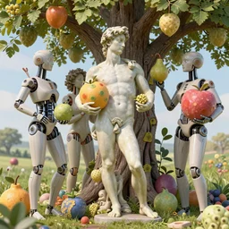 elaborate photorealistic highly detailed beautiful hyperdetailed cyborgs under a tree, holding huge interesting coloured fruits. in the style of Michelangelo, with cyberpunk liberty and flemish baroque mixed media details. vibrant vivid 3d textures in natural pastel tones. landscape HD 8x